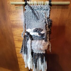 Handmade Grey, White, Black Loom Woven Wall Hanging 4.5" x 16" OOAK Fiber Art